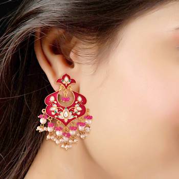 Meena Work Kundan Pearl Studded Chandbali Earring For Women  3