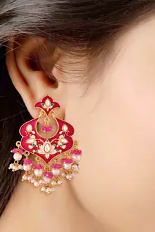 Meena Work Kundan Pearl Studded Chandbali Earring For Women 