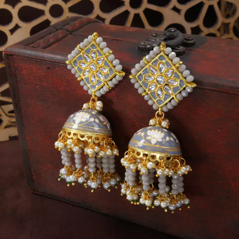 18k Gold Plated Meena Work Pearl Beads Studded Jhumki Earring For Women (E2921Gr)
