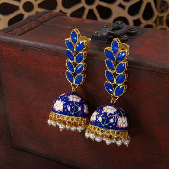 Meena Work Leaf Shaped Jhumki Earring For Women  1