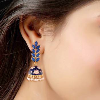 Meena Work Leaf Shaped Jhumki Earring For Women  2