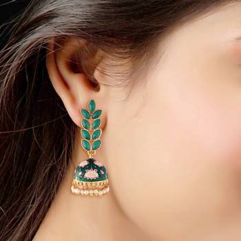 Traditional Meena Work Leaf Shaped Jhumki Earring For Women  3