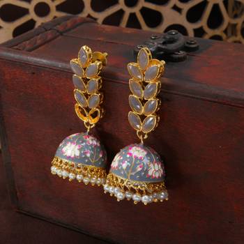 Traditional Meena Work Leaf Shaped Jhumki Earring For Women  1