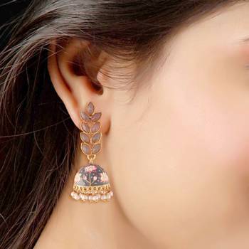 Traditional Meena Work Leaf Shaped Jhumki Earring For Women  3