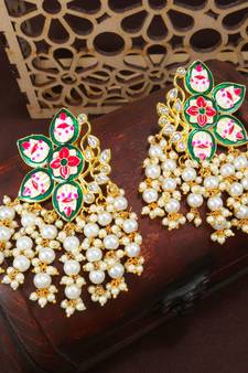 Traditional Meena Work Pearl Kundan Studded Drop Earring For Women (E2923G)