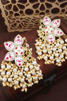 Traditional Meena Work Pearl Kundan Studded Drop Earring For Women (E2923Gr)
