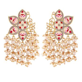 Traditional Meena Work Pearl Kundan Studded Drop Earring For Women  2