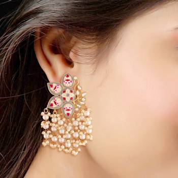 Traditional Meena Work Pearl Kundan Studded Drop Earring For Women  3