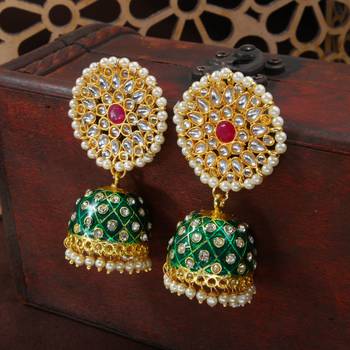 Meena Work Pearl Kundan Studded Jhumki Earring For Women  1