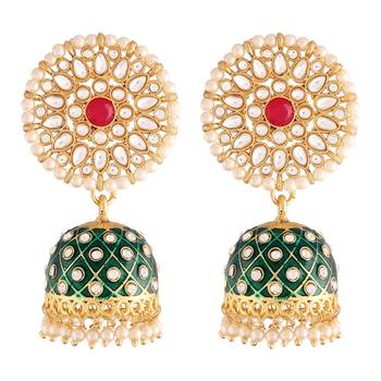Meena Work Pearl Kundan Studded Jhumki Earring For Women  2