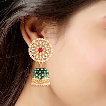 Meena Work Pearl Kundan Studded Jhumki Earring For Women  3