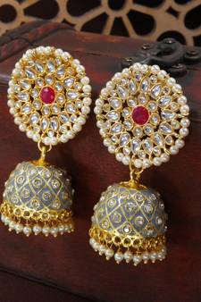 Traditional Meena Work Pearl Kundan Studded Jhumki Earring For Women (E2925Gr)
