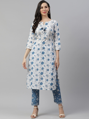 Divena White Printed Kurta with Pant Set 1