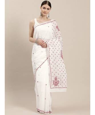 Ada Women's Hand Embroidered White Cotton Lucknow Chikankari Saree with Blouse A100203 1