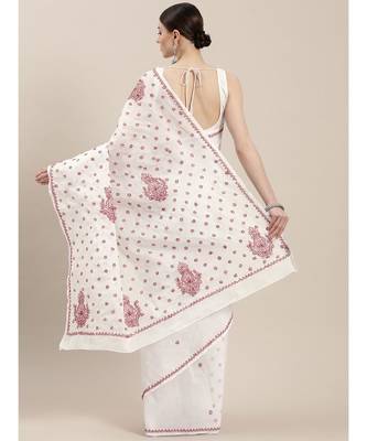 Ada Women's Hand Embroidered White Cotton Lucknow Chikankari Saree with Blouse A100203 2