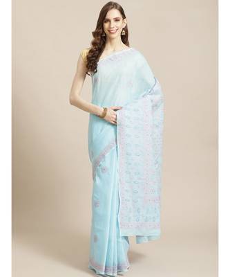 Ada Women's Hand Embroidered Blue Cotton Lucknow Chikankari Saree With Blouse - A311210 1