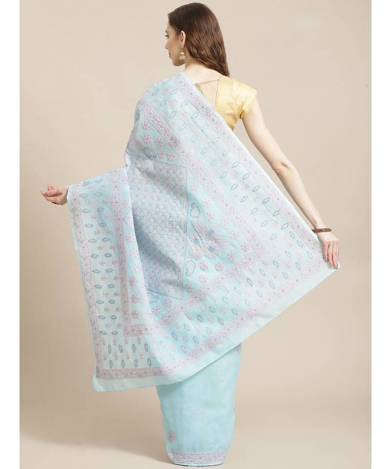 Ada Women's Hand Embroidered Blue Cotton Lucknow Chikankari Saree With Blouse - A311210