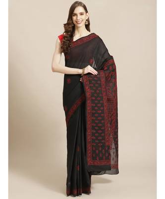 Ada Women's Hand Embroidered Black Cotton Lucknow Chikankari Saree With Blouse - A311205 1