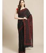 Ada Women's Hand Embroidered Black Cotton Lucknow Chikankari Saree With Blouse - A311205