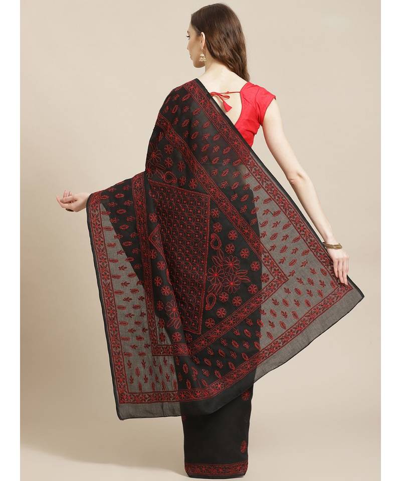 Ada Women's Hand Embroidered Black Cotton Lucknow Chikankari Saree With Blouse - A311205
