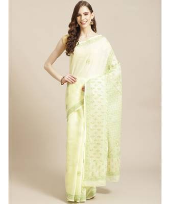 Ada Women's Hand Embroidered Lemon Cotton Lucknow Chikankari Saree With Blouse - A311212 1