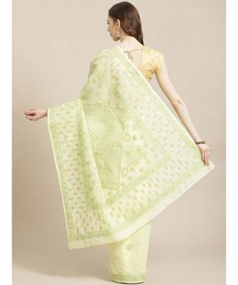 Ada Women's Hand Embroidered Lemon Cotton Lucknow Chikankari Saree With Blouse - A311212 2