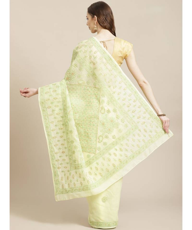 Ada Women's Hand Embroidered Lemon Cotton Lucknow Chikankari Saree With Blouse - A311212