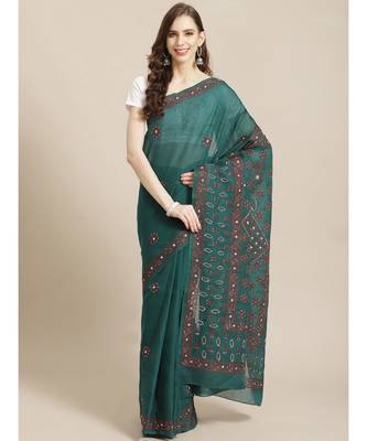 Ada Women's Hand Embroidered Green Cotton Lucknow Chikankari Saree With Blouse - A311208 1