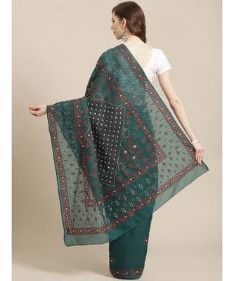 Ada Women's Hand Embroidered Green Cotton Lucknow Chikankari Saree With Blouse - A311208 2