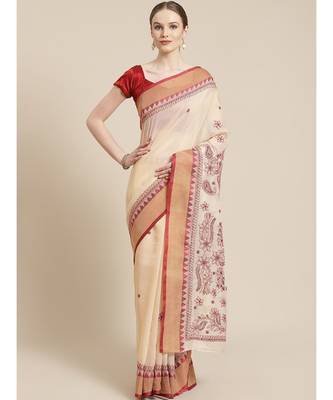 Ada Women's Hand Embroidered Fawn Kota Lucknow Chikankari Saree With Blouse - A311241 1