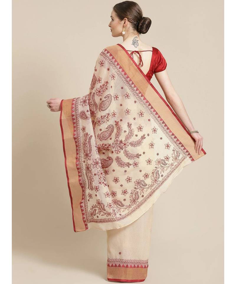 Ada Women's Hand Embroidered Fawn Kota Lucknow Chikankari Saree With Blouse - A311241