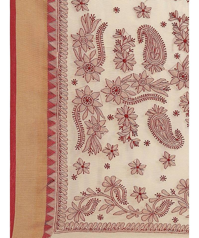 Ada Women's Hand Embroidered Fawn Kota Lucknow Chikankari Saree With Blouse - A311241