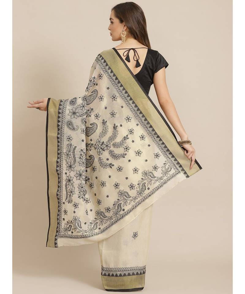 Ada Women's Hand Embroidered Fawn Kota Lucknow Chikankari Saree With Blouse - A311259