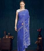Ada Women's Hand Embroidered Royal Blue Georgette Lucknow Chikankari Saree With Blouse-A311256