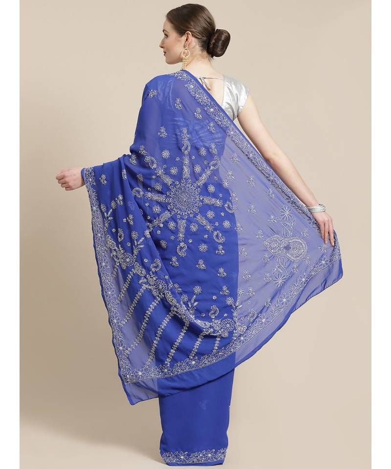Ada Women's Hand Embroidered Royal Blue Georgette Lucknow Chikankari Saree With Blouse-A311256