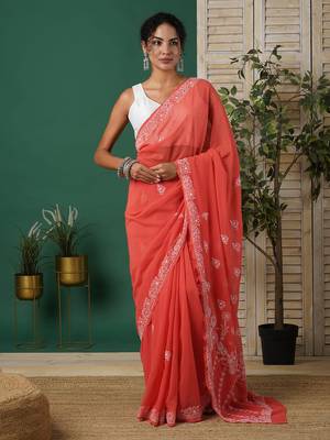 Ada Women's Hand Embroidered Brick Red Georgette Lucknow Chikankari  Saree With Blouse - A311281 1