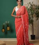 Ada Women's Hand Embroidered Brick Red Georgette Lucknow Chikankari  Saree With Blouse - A311281