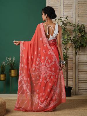 Ada Women's Hand Embroidered Brick Red Georgette Lucknow Chikankari  Saree With Blouse - A311281 2