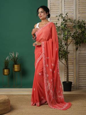 Ada Women's Hand Embroidered Brick Red Georgette Lucknow Chikankari  Saree With Blouse - A311281 3