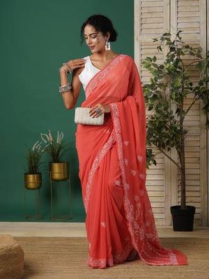 Ada Women's Hand Embroidered Brick Red Georgette Lucknow Chikankari  Saree With Blouse - A311281 4