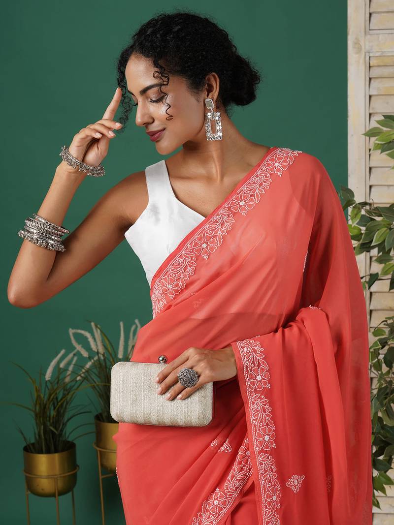 Ada Women's Hand Embroidered Brick Red Georgette Lucknow Chikankari  Saree With Blouse - A311281