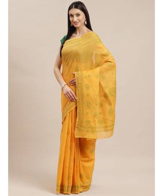 Ada Women's Hand Embroidered Mustard Cotton Lucknow Chikankari  Saree With Blouse- A311144 1