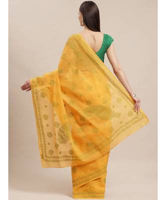Ada Women's Hand Embroidered Mustard Cotton Lucknow Chikankari  Saree With Blouse- A311144 2