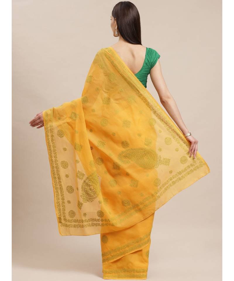 Ada Women's Hand Embroidered Mustard Cotton Lucknow Chikankari  Saree With Blouse- A311144