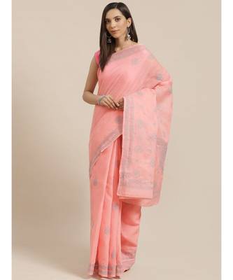 Ada Women's Hand Embroidered Carrot Pink Cotton Lucknow Chikankari Saree With Blouse - A311120 1