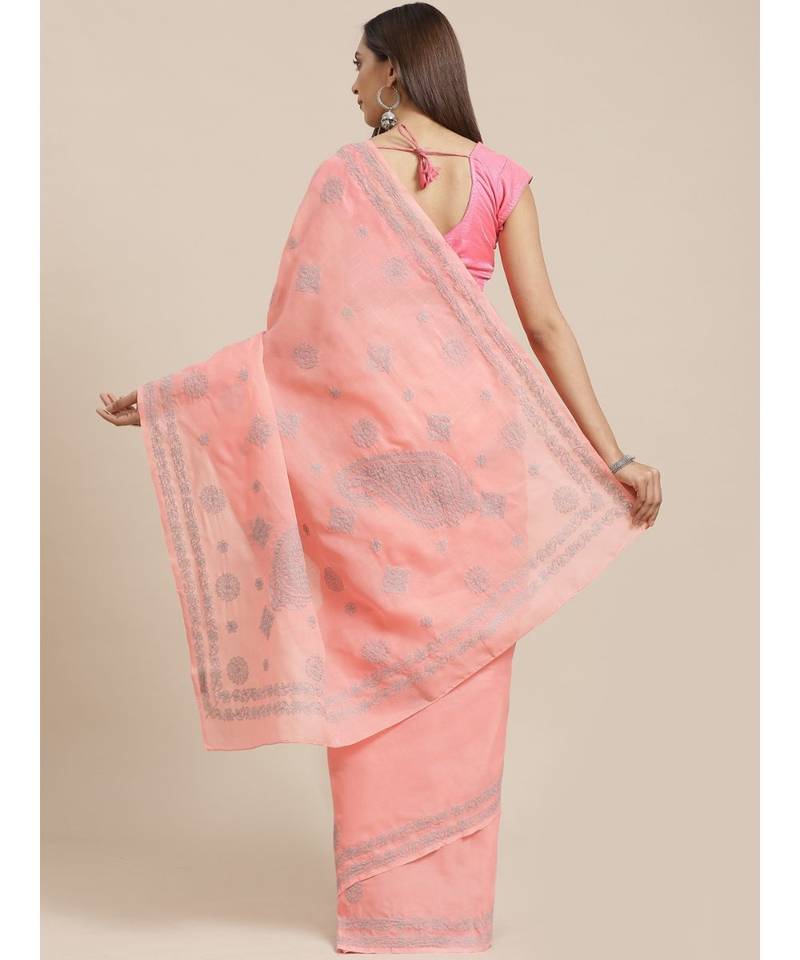 Ada Women's Hand Embroidered Carrot Pink Cotton Lucknow Chikankari Saree With Blouse - A311120