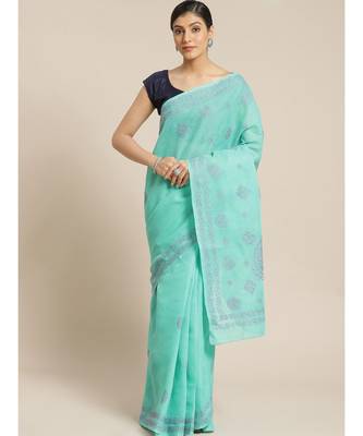 Ada Women's Hand Embroidered Sea Green Cotton Lucknow Chikankari Saree With Blouse - A311138 1
