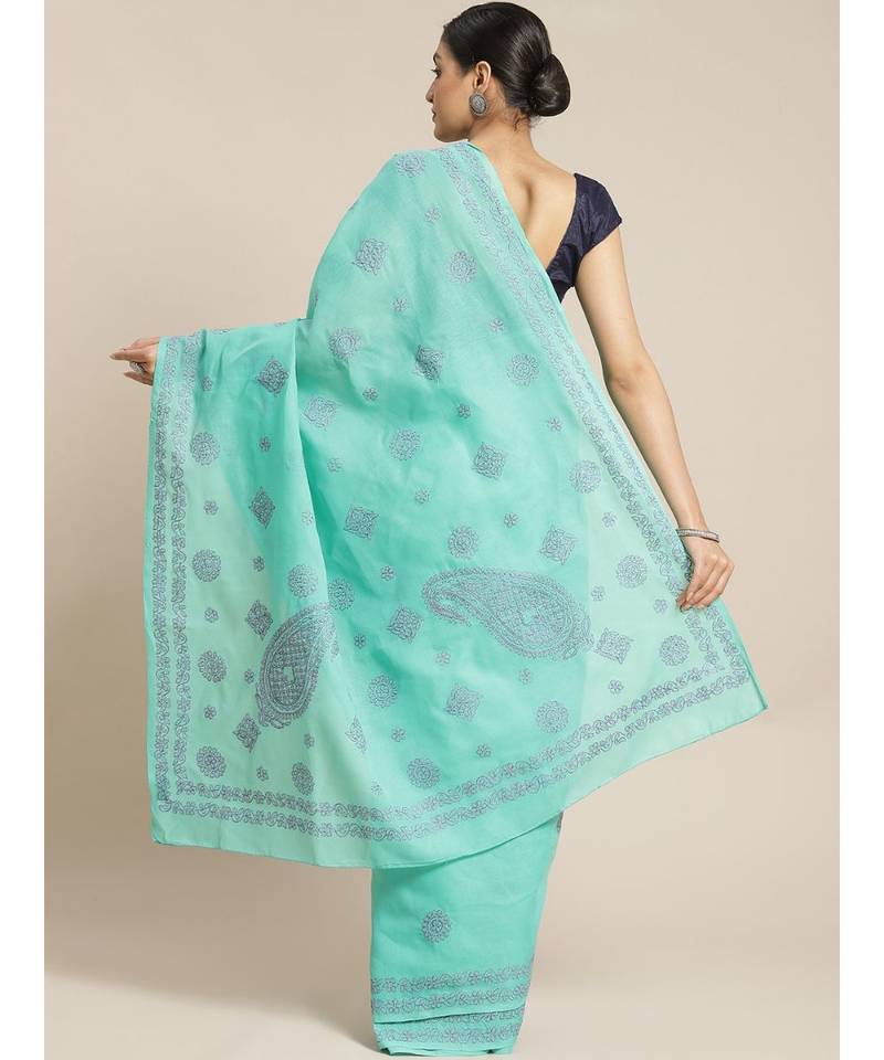 Ada Women's Hand Embroidered Sea Green Cotton Lucknow Chikankari Saree With Blouse - A311138