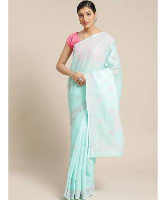 Ada Women's Hand Embroidered Sea Green Cotton Lucknow Chikankari Saree With Blouse - A311141 1