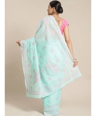 Ada Women's Hand Embroidered Sea Green Cotton Lucknow Chikankari Saree With Blouse - A311141 2